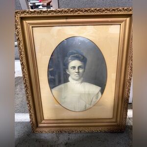 Large antique ornate wood frame portrait of a lady B&W